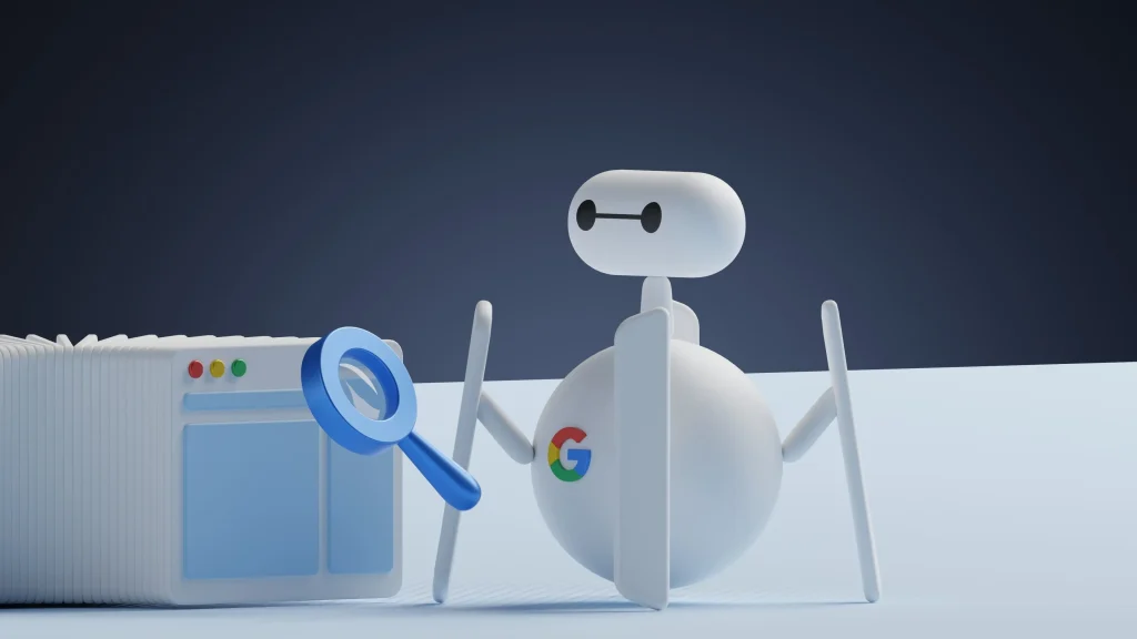 Illustration du robot Google qui analyse les sites internet. Image qui illustre l'importance du référencement naturel